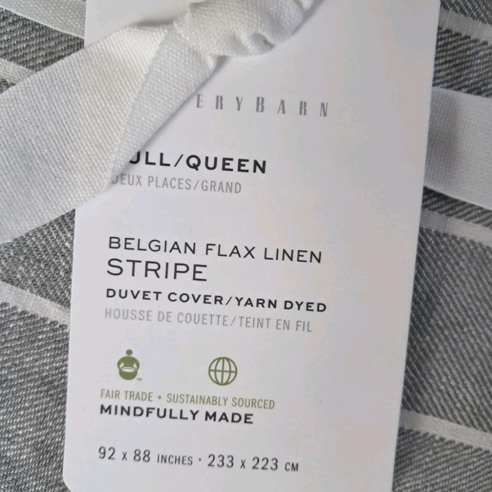 Pottery Barn Belgian Flax Linen Stripe Duvet Cover F/Q Gray NWT